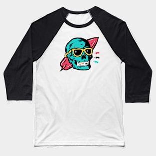 Surfer Skull with Surfboard & Sunglasses Beach Ready Baseball T-Shirt